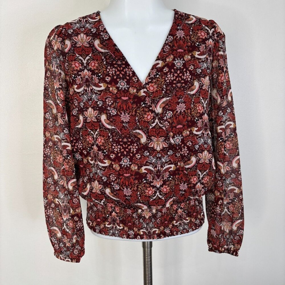 LOFT Top XSP Burgundy Orange Floral Birds V-Neck Smocked Hem‎ Long Sleeve Blouse